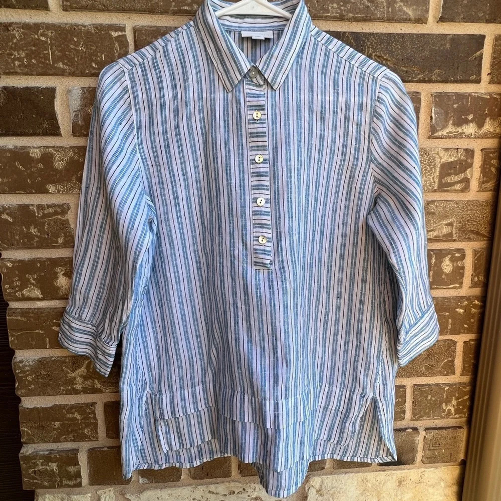 J. Jill Love Linen Womens Popover Tunic Top White Blue Striped Collar XS